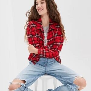 American Eagle AE Cozy Cropped Red Cotton Flannel Shirt Size XL